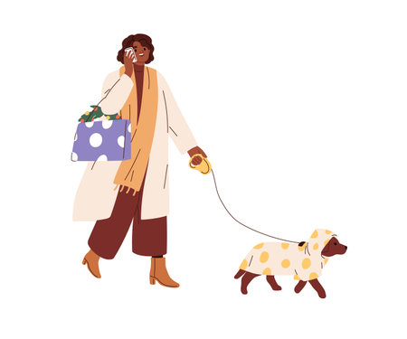 Woman with Christmas shopping bags, speaking on mobile phone, walking with dog. Happy girl with winter holiday purchases on street. Flat graphic vector illustration isolated on white backgroundのイラスト素材