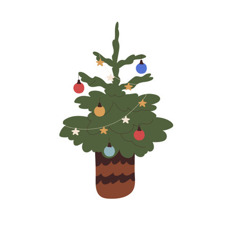Festive Xmas tree decorated with holiday baubles, star garland, lights. Potted live Christmas fir design with traditional ornament, decoration. Flat vector illustration isolated on white backgroundのイラスト素材