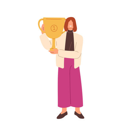 Winner and trophy, award. Business woman holds gold cup, goblet in hand for first place. Prize for victory, success, achievement concept. Flat graphic vector illustration isolated on white backgroundのイラスト素材