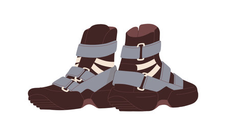 High-ankle footwear, trekking sneakers. Modern comfortable sport shoes with fasteners. Sportive footgear design. Pair of comfy hiking trainers. Flat vector illustration isolated on white backgroundのイラスト素材