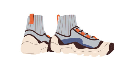 Modern high-ankle sneakers. Sport footwear, comfortable shoes. Sportive athletic foot wear design. Pair of trainers, comfy casual footgear. Flat vector illustration isolated on white backgroundのイラスト素材