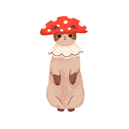 Cute cat in funny costume with mushroom cap. Halloween kitty disguised in fly agaric clothing. Adorable kitten, fairytale feline animal. Flat graphic vector illustration isolated on white backgroundのイラスト素材