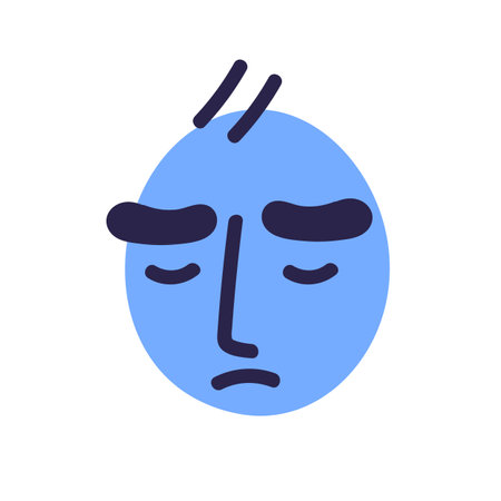 Sad desperate face avatar in sorrow, despair, bad blue mood. Upset unhappy emoji character with grief emotion, gloomy facial expression. Flat vector illustration isolated on white backgroundのイラスト素材
