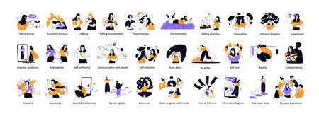 Mental problems, states of personality, self. Psychology concept. Psychological disorders, different positive, negative conditions of people. Flat vector illustrations set isolated on white backgroundのイラスト素材