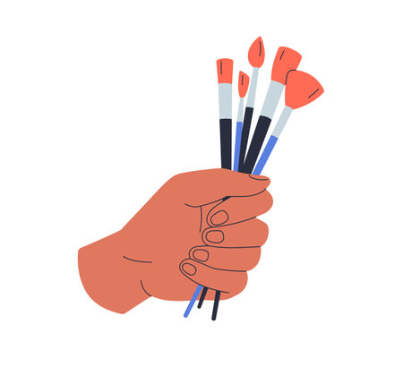 Hand holding paintbrushes bunch with different bristles. Artists arm squeezing many, lot of paint brushes, drawing painting tool in fist. Flat vector illustration isolated on white backgroundのイラスト素材