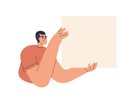Man holding blank sheet of paper. Young person presenting, advertising smth abstract on empty background, banner mock up. Happy guy showing board, card. Flat vector illustration isolated on whiteのイラスト素材