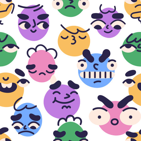 Seamless pattern with face avatars, emojis with different expressions, emotions. Background with funny good and bad characters, emoticons, repeating print. Colored flat vector illustration for fabricのイラスト素材