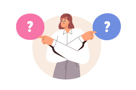 Choice, dilemma concept. Business woman choosing, making decision. Puzzled confused employee thinking, deciding between two options. Flat graphic vector illustration isolated on white backgroundのイラスト素材