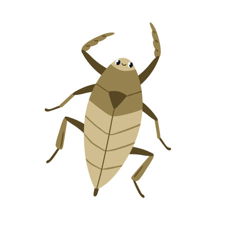Water scorpion, cute funny insect. Needle bug, aqua beetle top view. Happy smiling aquatic nepidae character. Childish flat vector illustration isolated on white backgroundのイラスト素材