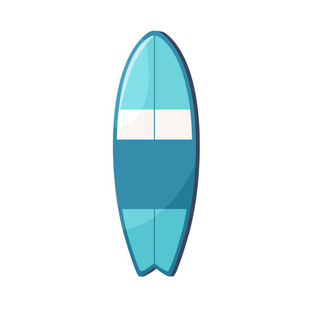 Fish-like surfboard, short water board. Thick hybrid shortboard top view. Beach sport fishtail-style item for summer extreme surfing. Flat graphic vector illustration isolated on white backgroundのイラスト素材