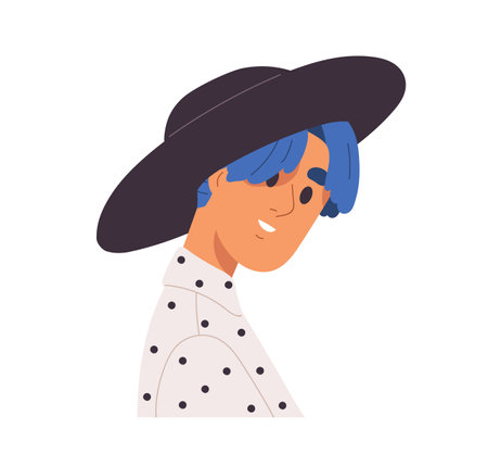 Modern trendy man portrait. Happy young guy with colored coloured hair and hat. Creative person with smiling positive face expression, emotion. Flat vector illustration isolated on white backgroundのイラスト素材