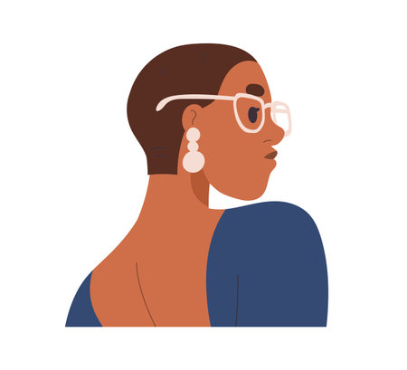 Young woman face profile. Modern fashion beautiful girl portrait, wearing glasses eyewear, earrings and short hair. Elegant female character. Flat vector illustration isolated on white backgroundのイラスト素材