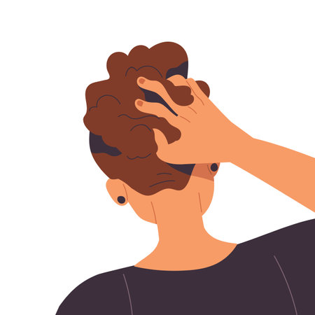 Scratching head back, nape with hand. Fingers in hair, faceless avatar of thinking thoughtful human. Abstract pondering wondering person. Flat vector illustration isolated on white backgroundのイラスト素材