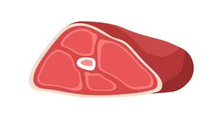 Red meat with bone. Fresh raw pork piece, cut chopped cross-section. Uncooked eating, meaty product. Flat vector illustration isolated on white backgroundのイラスト素材