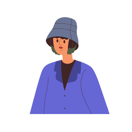 Young woman in modern hat. Trendy girl in stylish clothes, wearing hat. Female character with colored hair, bob cut, face portrait. Flat vector illustration isolated on white backgroundのイラスト素材