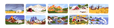 Natural disasters set. Catastrophes, emergency in nature. Destruction scenes of tornado, flood, volcano eruption, forest fire, drought, blizzard, snowfall and earthquake. Flat vector illustrationsのイラスト素材