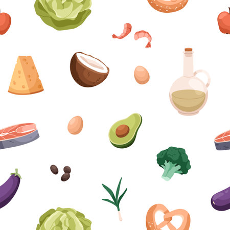 Healthy food pattern. Seamless background design with groceries, vitamin nutritions repeating print. Endless texture with oil, cheese, eggs, vegetables, avocado, olives. Flat vector illustrationのイラスト素材