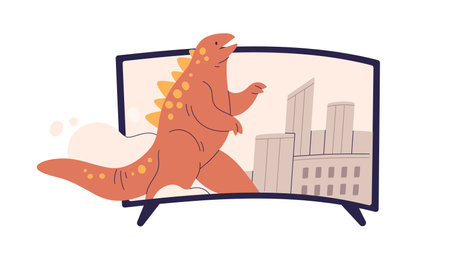 3d movie with monster in apocalypse city. Fiction fantasy horror film on screen with Godzilla. TV scene, picture with creepy fantastic reptile. Flat vector illustration isolated on white backgroundのイラスト素材