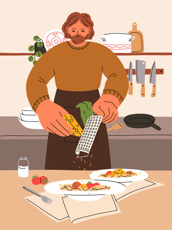 Man cooking homemade pasta for home dinner. Person prepares, cooks and serves Italian meal on plate at kitchen, grates cheese on vegetarian dish with vegetables, tomato. Flat vector illustrationのイラスト素材