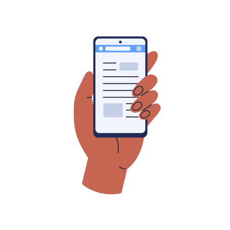 Hand holding mobile phone with news article on screen. Reading online with smartphone. Information blog in internet, digital newspaper website. Flat vector illustration isolated on white backgroundのイラスト素材