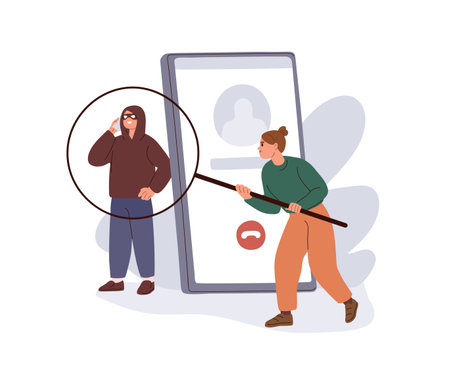 Phone scam, fraud concept. Catching scammer, swindler during fraudulent call. Revealing deception, fake, dishonesty, cheating, theft and trick. Flat vector illustration isolated on white backgroundのイラスト素材