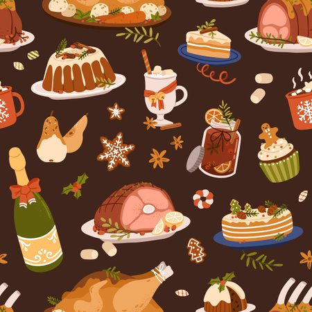 Christmas food pattern. Seamless Xmas background with traditional dishes, winter holiday meals, drinks, desserts. Repeating print with festive turkey, pudding, cake. Colored flat vector illustrationのイラスト素材