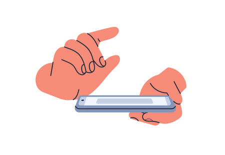 Hands holding smartphone. Using mobile phone, clicking on touch screen of cellphone with finger. Surfing online, browsing in internet. Flat vector illustration isolated on white backgroundのイラスト素材