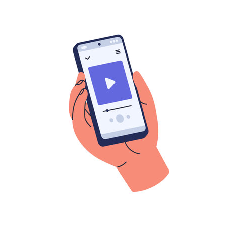 Hand with mobile phone, using app for music playing, listening and watching video. Holding smartphone, cellphone player app on telephone screen. Flat vector illustration isolated on white backgroundのイラスト素材