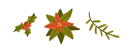 Christmas plants, decor. Red berries, flower, leaf, branch of poinsettia, mistletoe, holly. Xmas floral blooms, leaves. Natural decoration. Flat vector illustrations isolated on white backgroundのイラスト素材