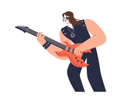 Rock guitarist playing solo on electric guitar. Metal musician performing music on string instrument. Rocker with face makeup and leather outfit. Flat vector illustration isolated on white backgroundのイラスト素材