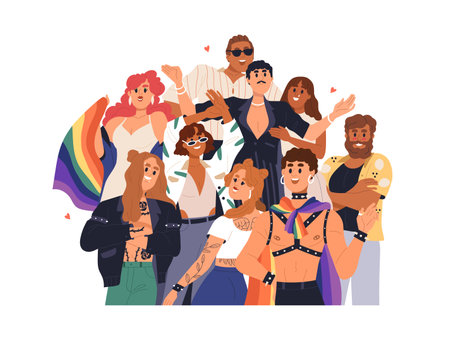 LGBTQ people portrait. LGBT community celebrates love pride. Happy young men, women, transgenders, lesbians and gays with rainbow flags. Flat graphic vector illustration isolated on white backgroundのイラスト素材