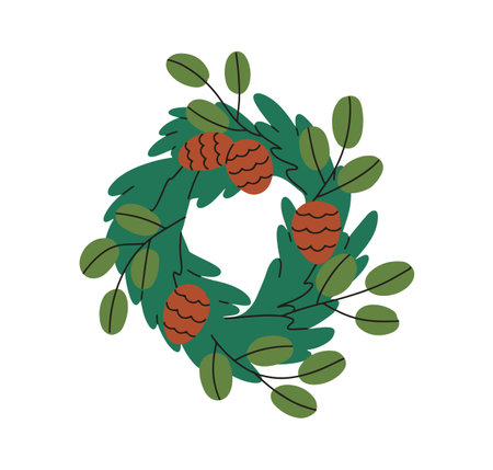 Christmas door wreath design, winter holiday decoration. Round decor from fir tree branches, leaf, pine cones. Traditional Xmas ornament. Flat vector illustration isolated on white backgroundのイラスト素材