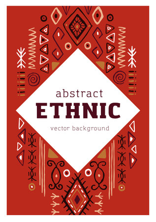 Ethnic card design with African tribal ornament, pattern. Modern abstract background, postcard template with ancient tribe geometric elements, shapes, navajo symbols. Flat vector illustrationのイラスト素材