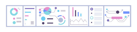 Graphs, charts with abstract business data. Financial and marketing information analysis with graphics, bar, line and pie diagrams, schemes. Flat vector illustration isolated on white backgroundのイラスト素材