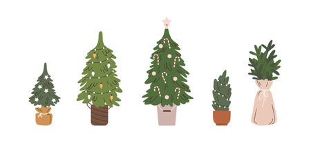 Christmas trees set. Traditional holiday firs with ornament in pot, green pine branches in craft paper, Xmas spruce with festive decoration. Flat vector illustrations isolated on white backgroundのイラスト素材
