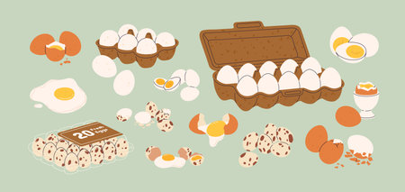 Chicken and quail eggs with broken and whole eggshell, yellow yolk. Raw, cooked, boiled, fried...