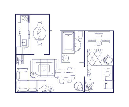 Apartment layout, floor plan overhead. Outlined floorplan, home interior design with furniture, top view. House map with living room, kitchen. Flat vector illustration isolated on white backgroundのイラスト素材