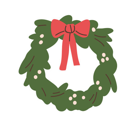 Christmas door wreath. Xmas holiday decoration with red bow, circle round festive ornament from green fir branches. Traditional winter decor. Flat vector illustration isolated on white backgroundのイラスト素材