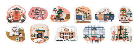 Christmas home interiors decorated with holiday ornament, Xmas decoration. Rooms indoors, house outdoor with cozy New Year adornment. Flat graphic vector illustration isolated on white backgroundのイラスト素材