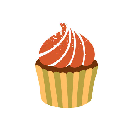 Cupcake with sweet swirled cream. Baked chocolate dessert in cup, holder. Patisserie, sugar food. Yummi confectionery. Festive confection. Flat vector illustration isolated on white backgroundのイラスト素材