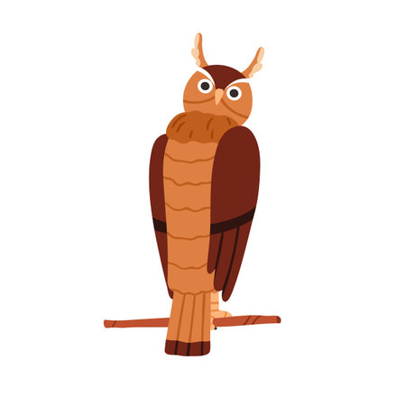 Cute owl sitting on tree branch, twig. Funny bird, feathered animal back with rotated head. Realistic eared birdie looking with bulging eyes. Flat vector illustration isolated on white backgroundのイラスト素材