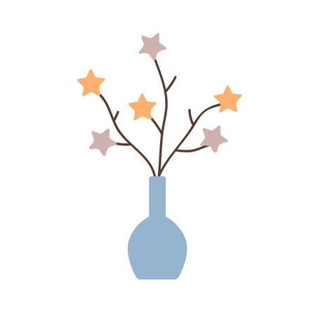 Star decoration in interior vase. Cozy home decor on stems, branches. Indoor ornament. Fairy twigs, festive holiday item. Flat vector illustration isolated on white backgroundのイラスト素材