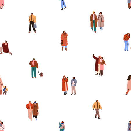 People on winter holidays, seamless pattern. Characters walking outdoors, on street in cold weather, repeating print. Endless background design for fabric, wrapping. Flat graphic vector illustrationのイラスト素材