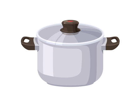 Stockpot with glass lid. Metal stock pot with handles. Covered closed saucepan. Stainless steel kitchen pan, clean utensil for cooking. Flat vector illustration isolated on white backgroundのイラスト素材