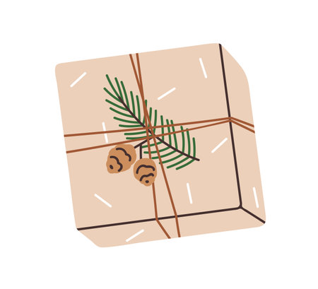 Christmas gift box with twine, fir branch, packed in holiday kraft wrapping. Xmas present, surprise in brown craft paper with string and cones. Flat vector illustration isolated on white backgroundのイラスト素材