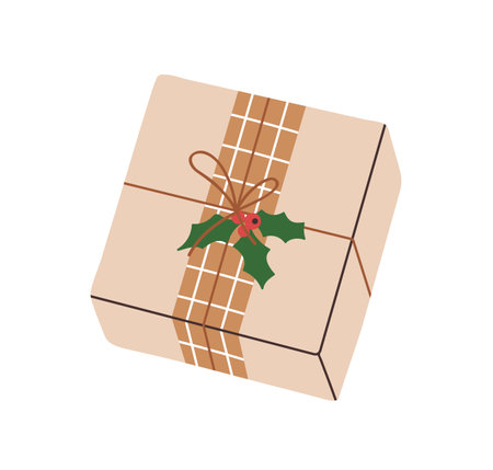 Christmas gift, present box in kraft wrapping with hollies, red berries. Xmas holiday surprise in brown craft paper with twine and winterberries. Flat vector illustration isolated on white backgroundのイラスト素材