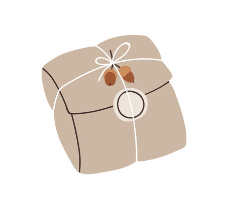 Holiday gift in rustic wrapping. Craft present, festive surprise wrapped in soft kraft paper, decorated with twine string and acorn, label tag. Flat vector illustration isolated on white backgroundのイラスト素材