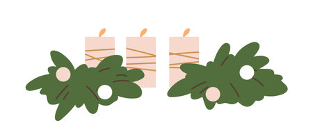 Candle and fir branches, Christmas decoration. Xmas, winter holiday ornament, decor, adornment. Decorative ornamental advent composition. Flat vector illustration isolated on white backgroundのイラスト素材