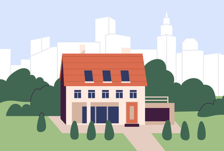 Residential house building exterior standing alone on city background, modern cityscape. Single detached dwelling home, property outdoor view, urban landscape scenery. Flat vector illustrationのイラスト素材