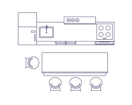 Kitchen set, dining table, chairs, top view. Home room for eating, cooking overhead. Interior design with furniture layout. Contoured outlined flat vector illustration isolated on white backgroundのイラスト素材